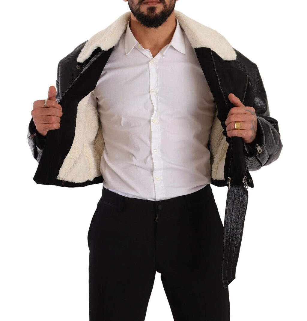 Dolce & Gabbana Black Leather Shearling Biker Coat Jacket by Dolce & Gabbana