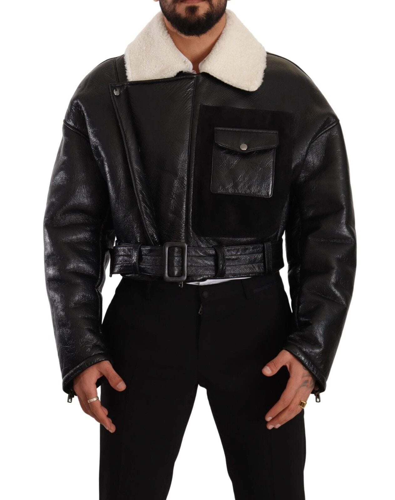 Dolce & Gabbana Black Leather Shearling Biker Coat Jacket by Dolce & Gabbana