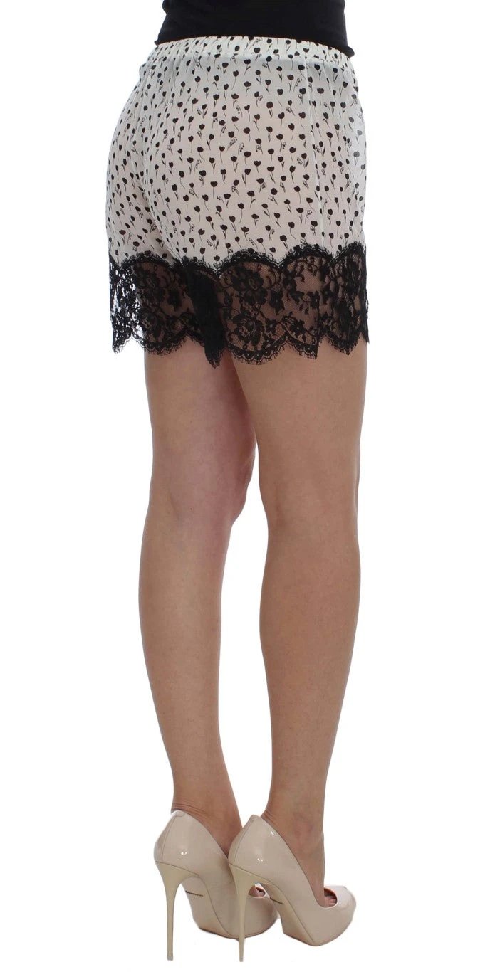 Dolce & Gabbana White Black Floral Lace Silk Sleepwear Shorts by Dolce & Gabbana