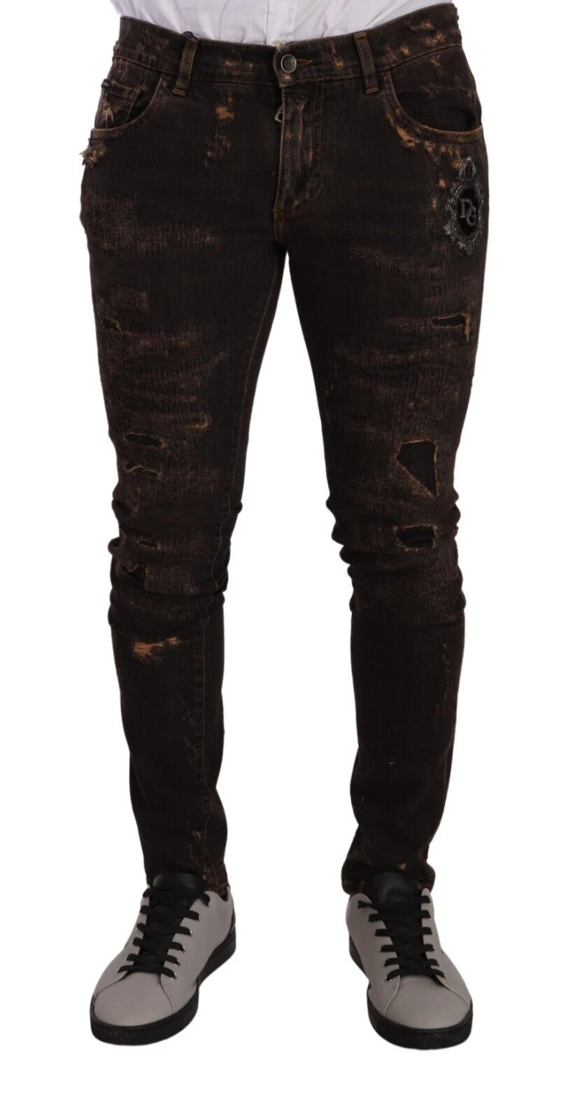 Dolce & Gabbana Brown Distressed Slim Fit Skinny Denim Jeans by Dolce & Gabbana