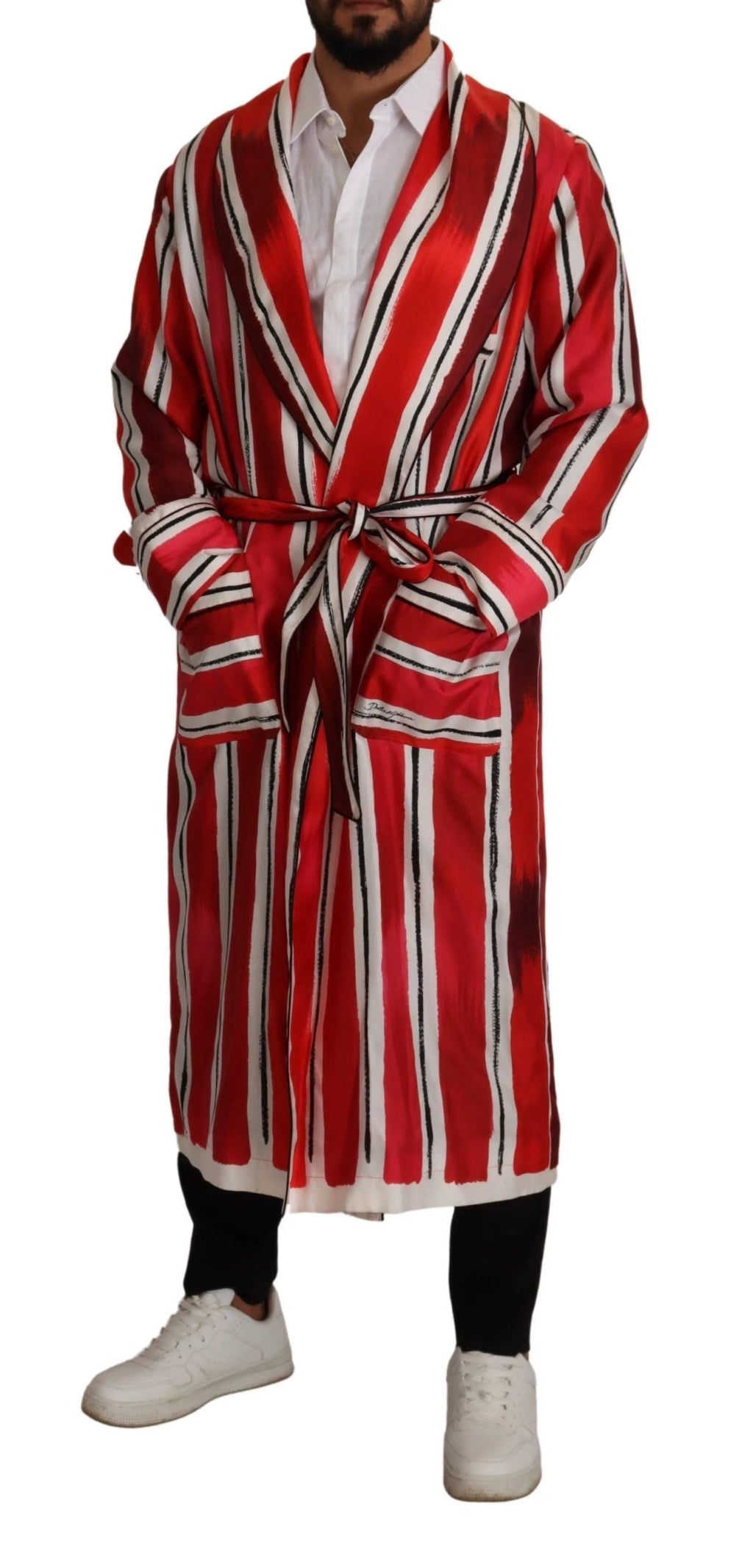 Dolce & Gabbana Red White Striped Silk Mens Night Gown Robe by Dolce & Gabbana