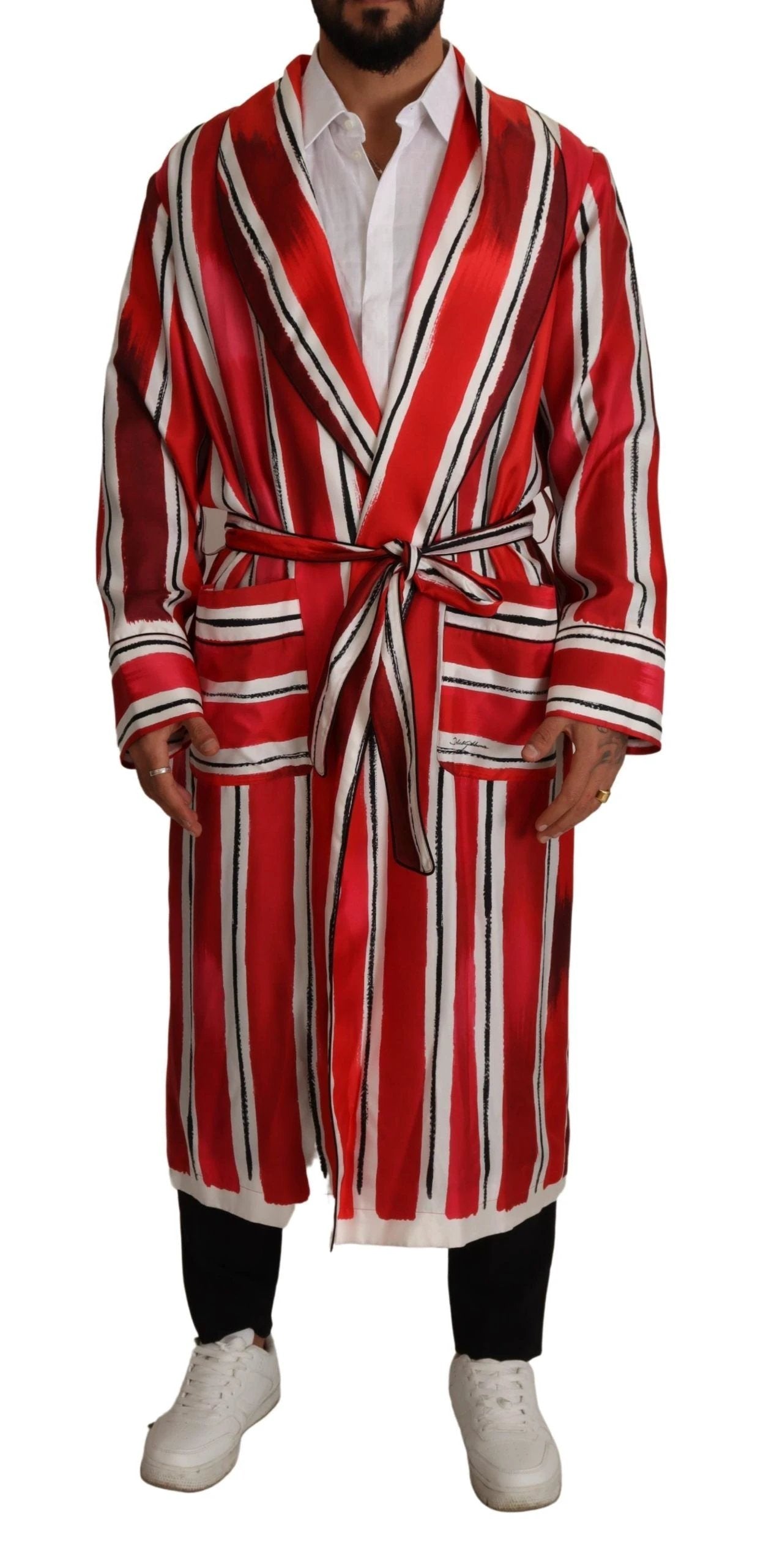 Dolce & Gabbana Red White Striped Silk Mens Night Gown Robe by Dolce & Gabbana