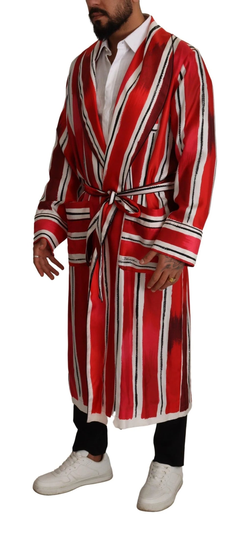 Dolce & Gabbana Red White Striped Silk Mens Night Gown Robe by Dolce & Gabbana