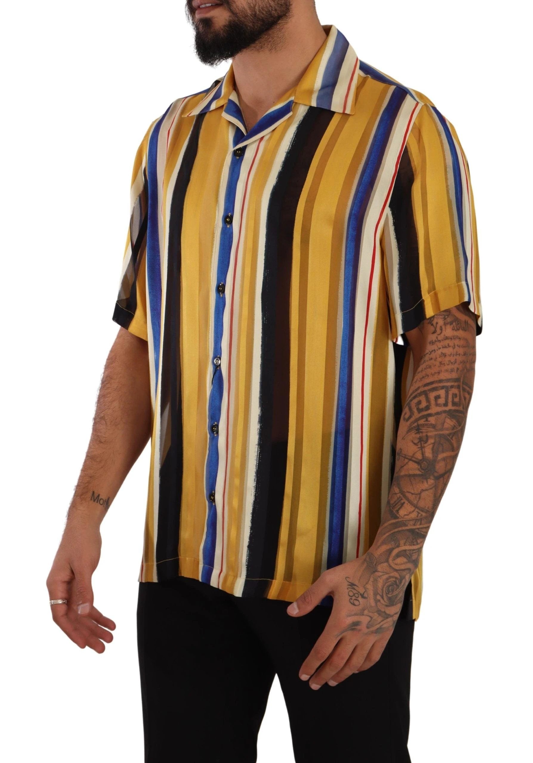 Dolce & Gabbana Yellow Striped Short Sleeve Silk Shirt by Dolce & Gabbana