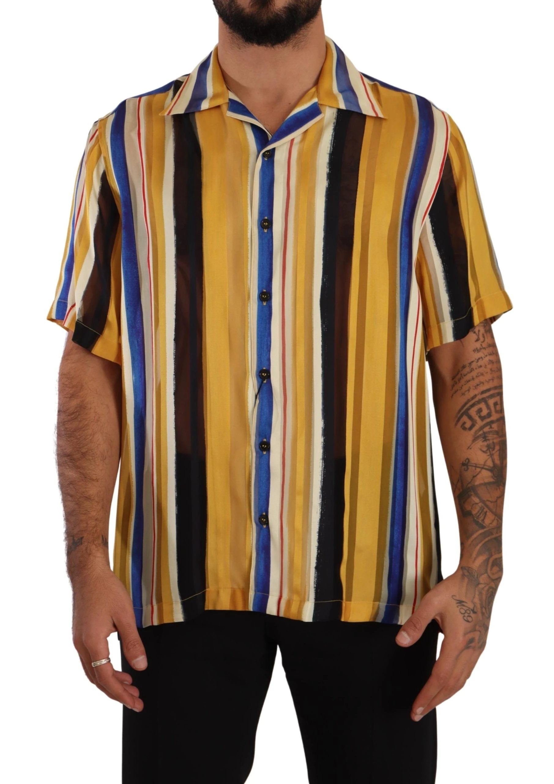 Dolce & Gabbana Yellow Striped Short Sleeve Silk Shirt by Dolce & Gabbana