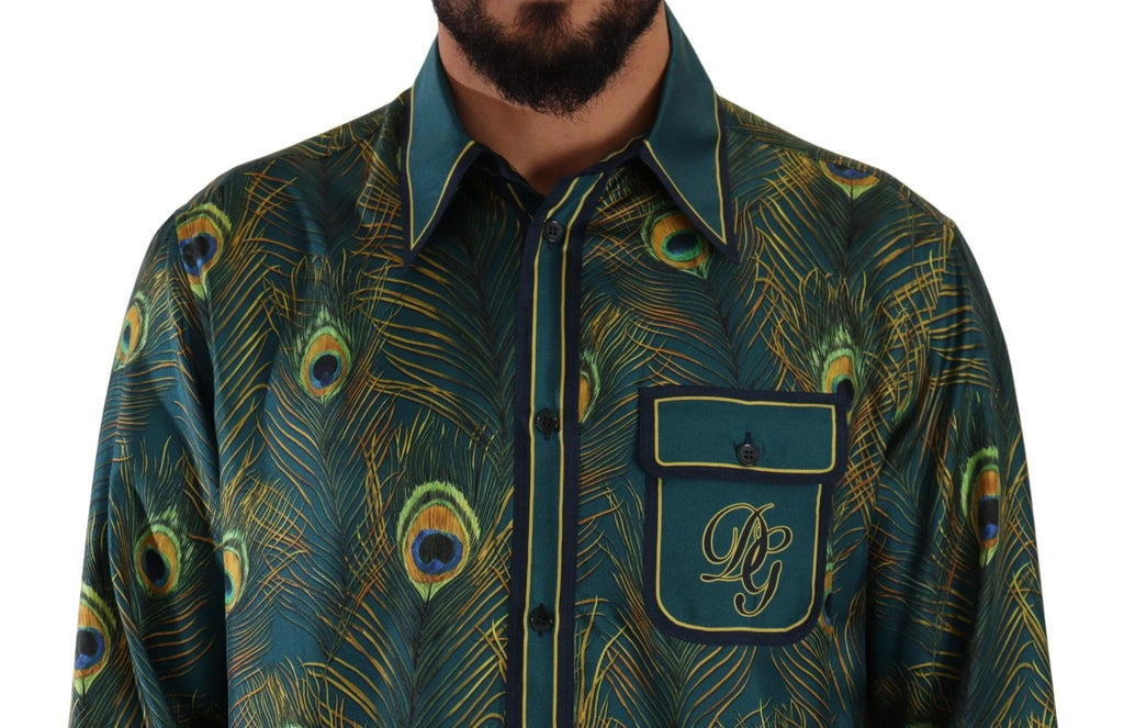 Dolce & Gabbana Peacock Feather Print Silk Pajama Mens Shirt by Dolce & Gabbana