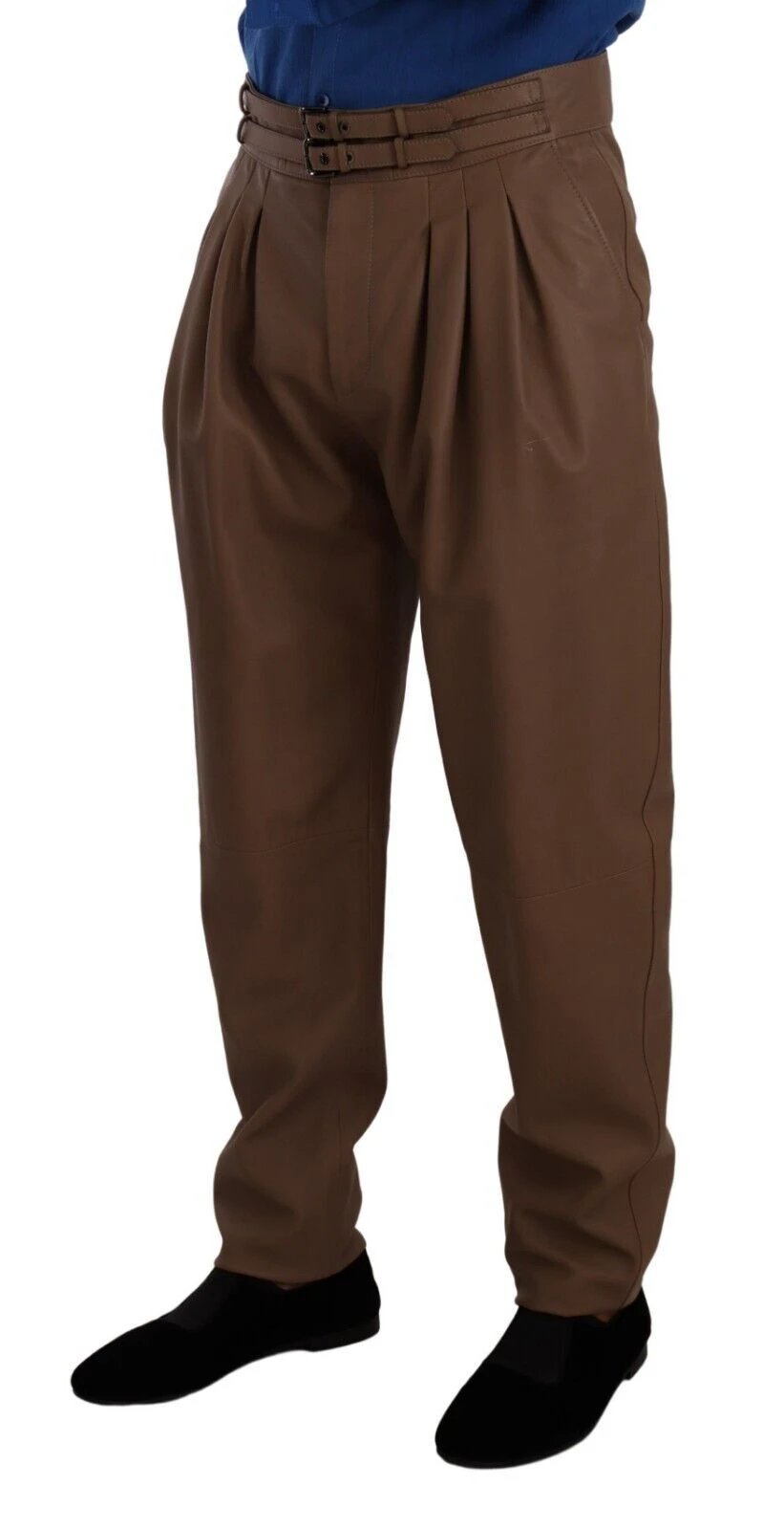 Dolce & Gabbana Brown Leather Tapered High Waist Pants by Dolce & Gabbana