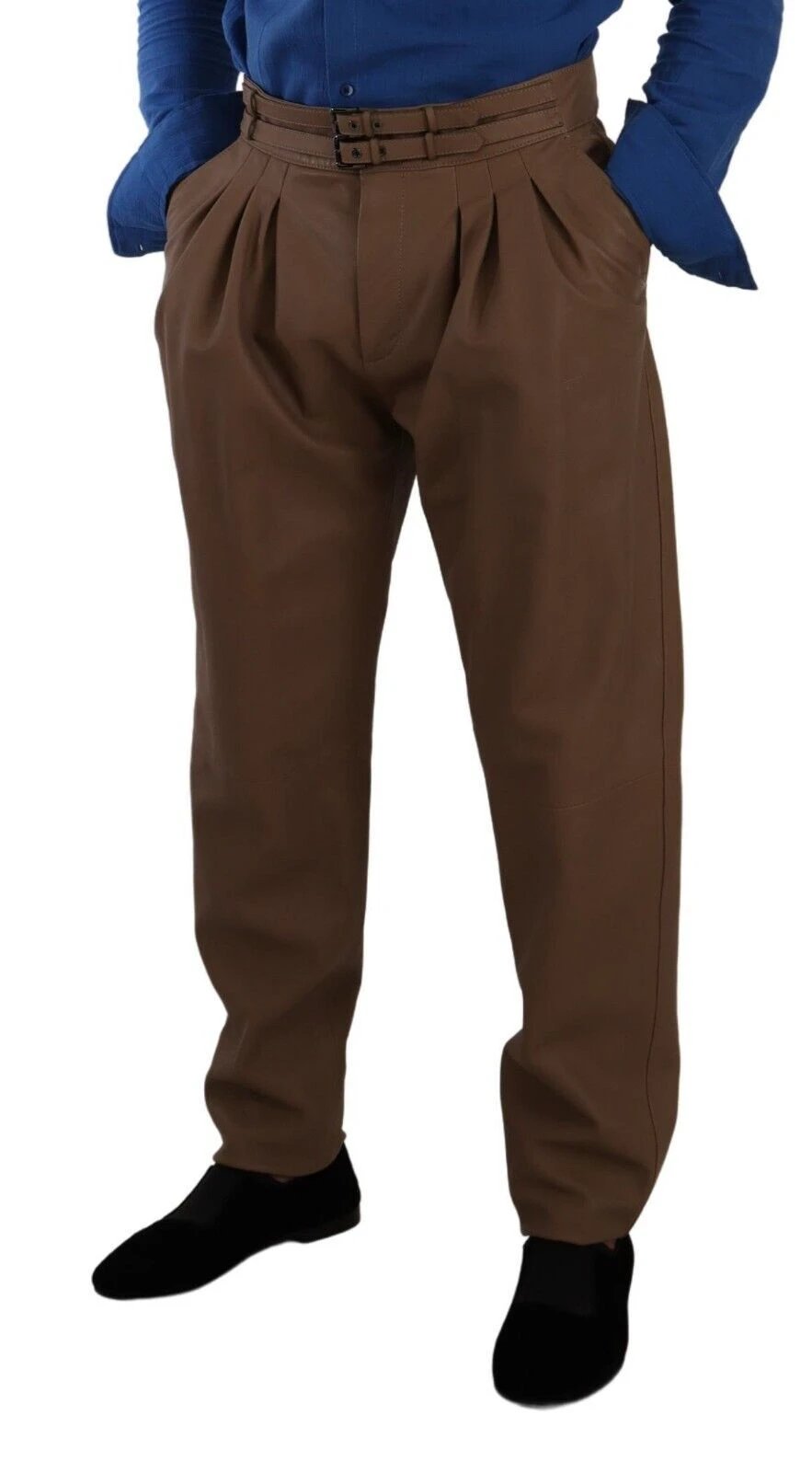 Dolce & Gabbana Brown Leather Tapered High Waist Pants by Dolce & Gabbana