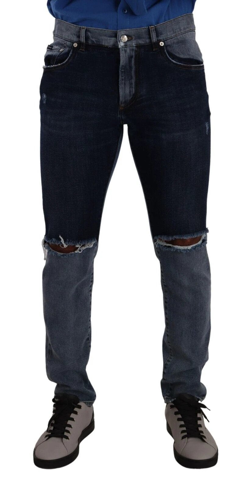 Dolce & Gabbana Blue Two Tone Tattered Cotton Slim Denim Jeans by Dolce & Gabbana