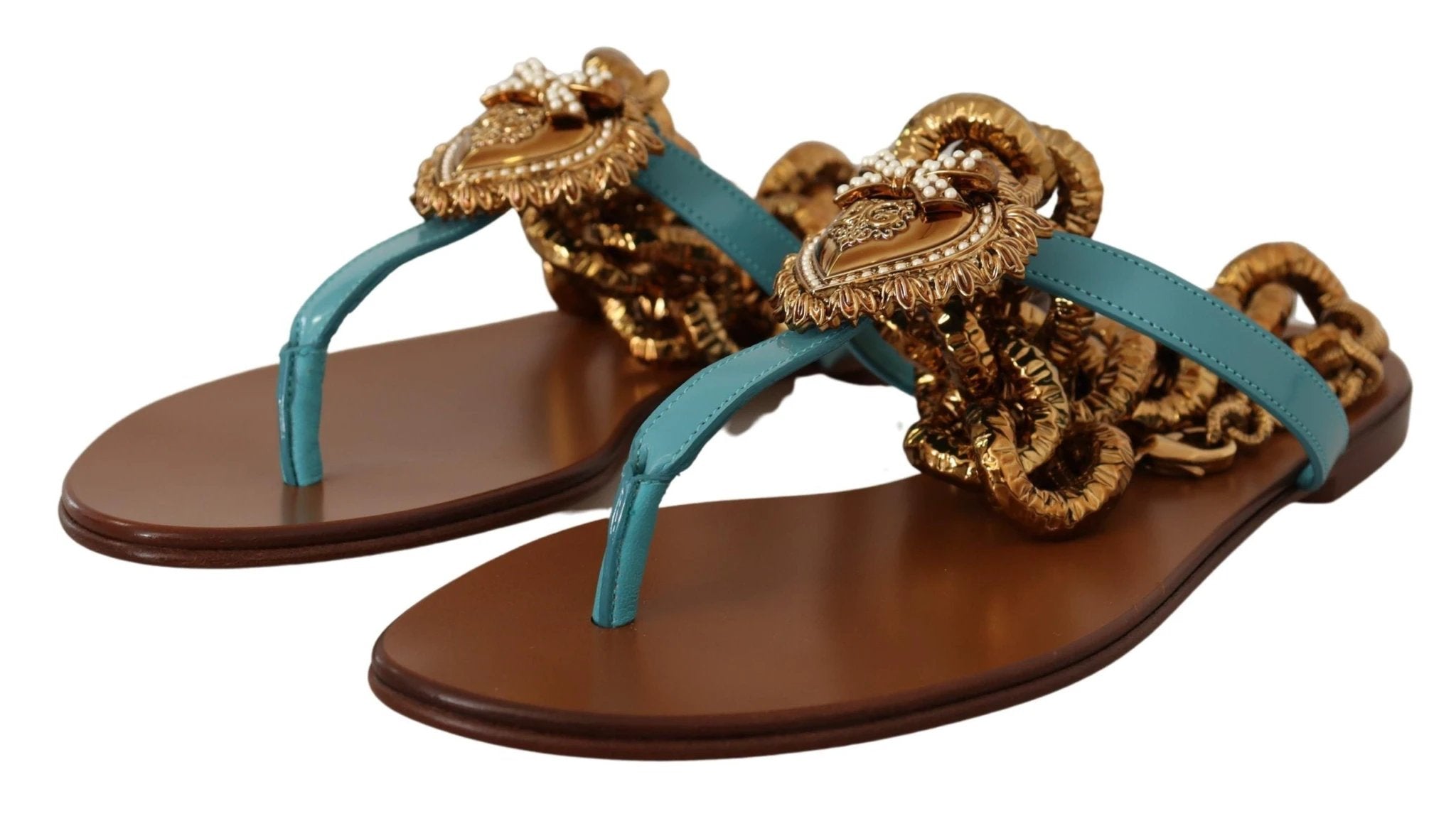 Dolce & Gabbana Blue Leather Devotion Flats Sandals by Dolce & Gabbana