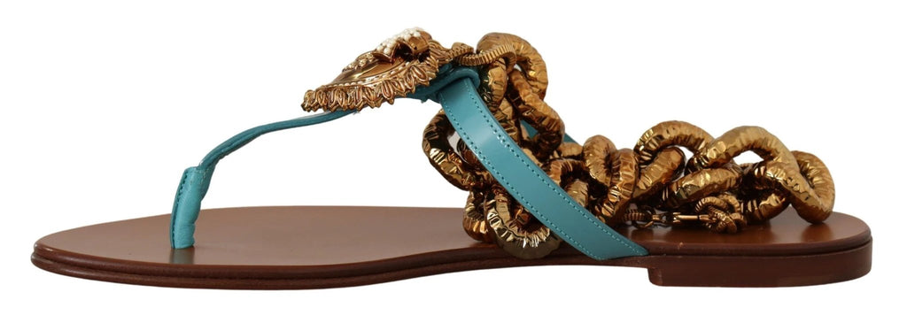 Dolce & Gabbana Blue Leather Devotion Flats Sandals by Dolce & Gabbana