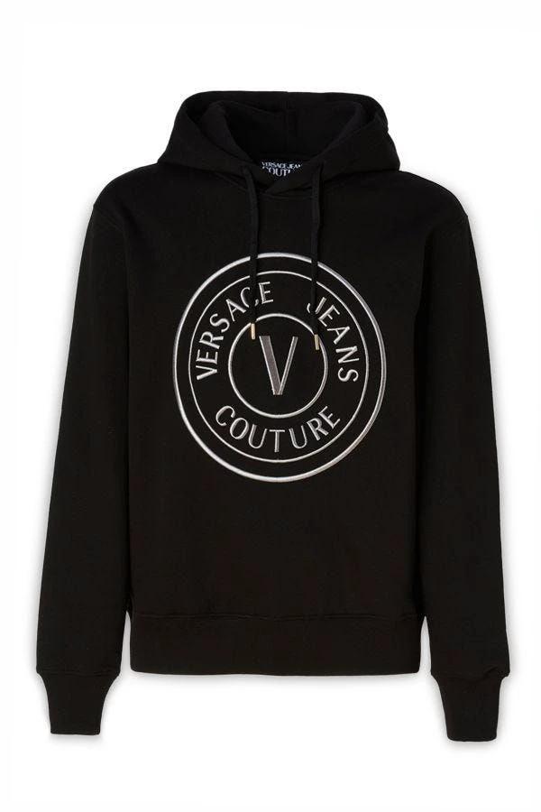 Versace Jeans Black Cotton Logo Details Hooded Sweatshirt by Versace Jeans