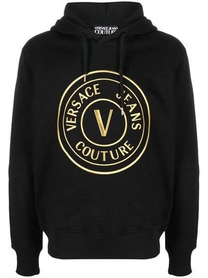 Versace Jeans Black Cotton Logo Details Hooded Sweatshirt by Versace Jeans