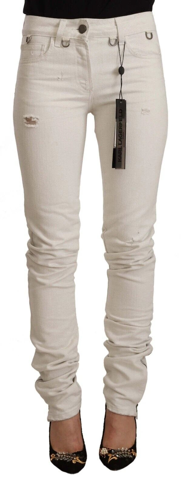 Karl Lagerfeld White Mid Waist Cotton Denim Slim Fit Jeans by Karl Lagerfeld
