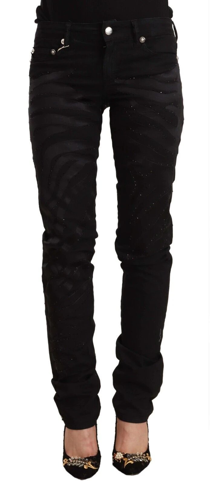 Just Cavalli Black Mid Waist Embellished Skinny Jeans by Just Cavalli