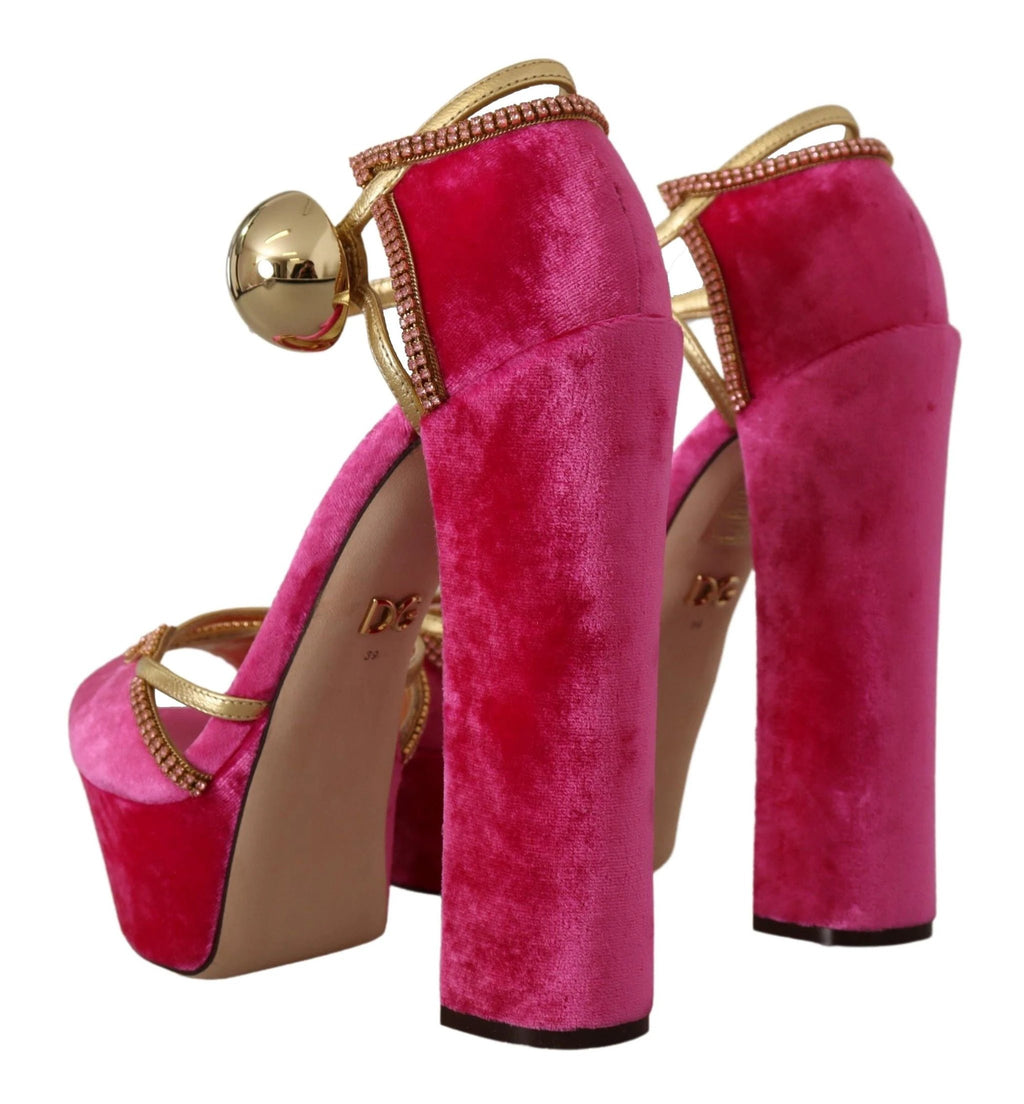 Dolce & Gabbana Pink Velvet Crystal Ankle Strap Sandals Shoes by Dolce & Gabbana