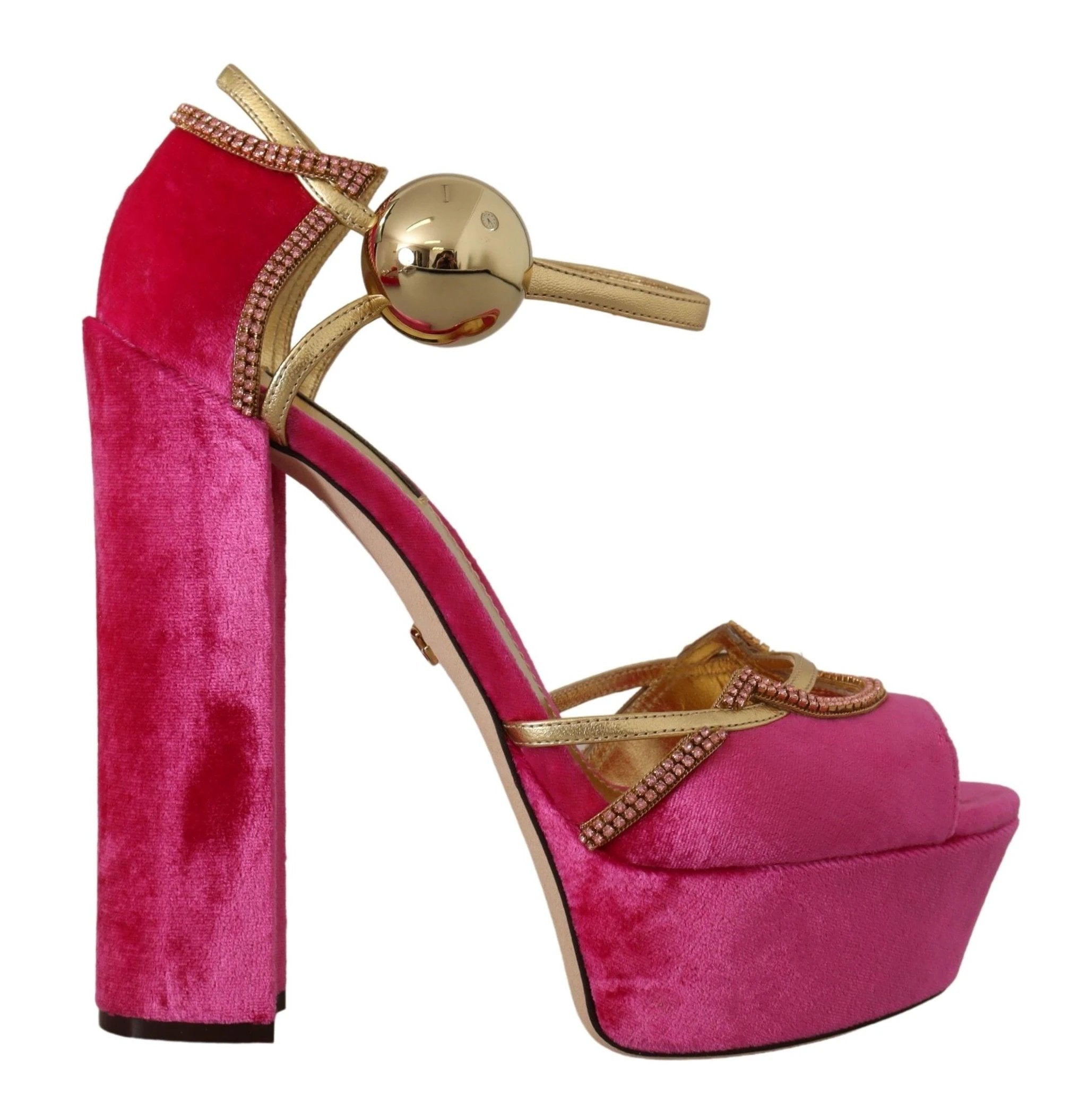 Dolce & Gabbana Pink Velvet Crystal Ankle Strap Sandals Shoes by Dolce & Gabbana