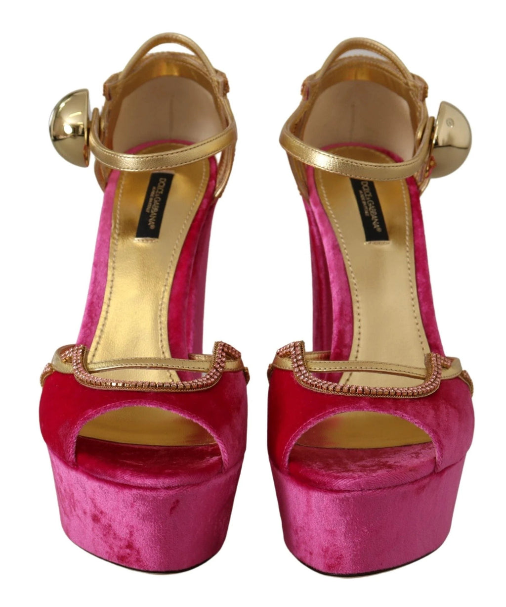 Dolce & Gabbana Pink Velvet Crystal Ankle Strap Sandals Shoes by Dolce & Gabbana