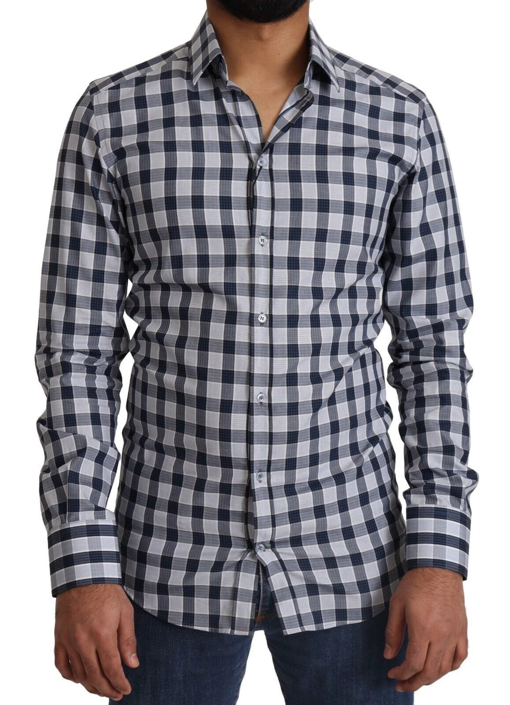 Dolce & Gabbana Blue White Check Cotton Slim Fit GOLD Shirt by Dolce & Gabbana