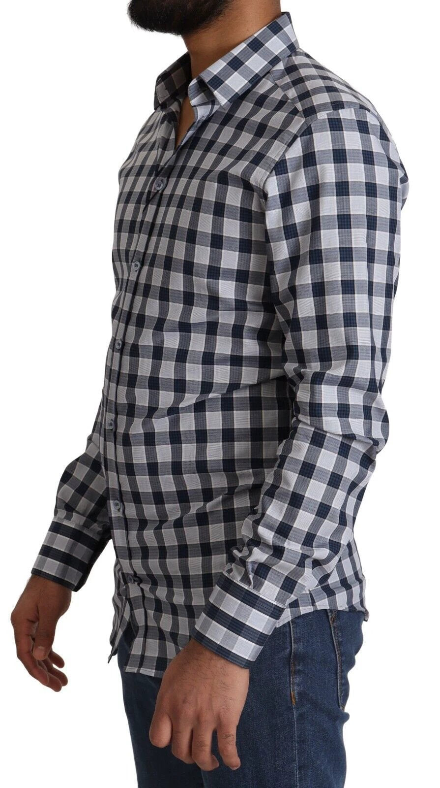 Dolce & Gabbana Blue White Check Cotton Slim Fit GOLD Shirt by Dolce & Gabbana