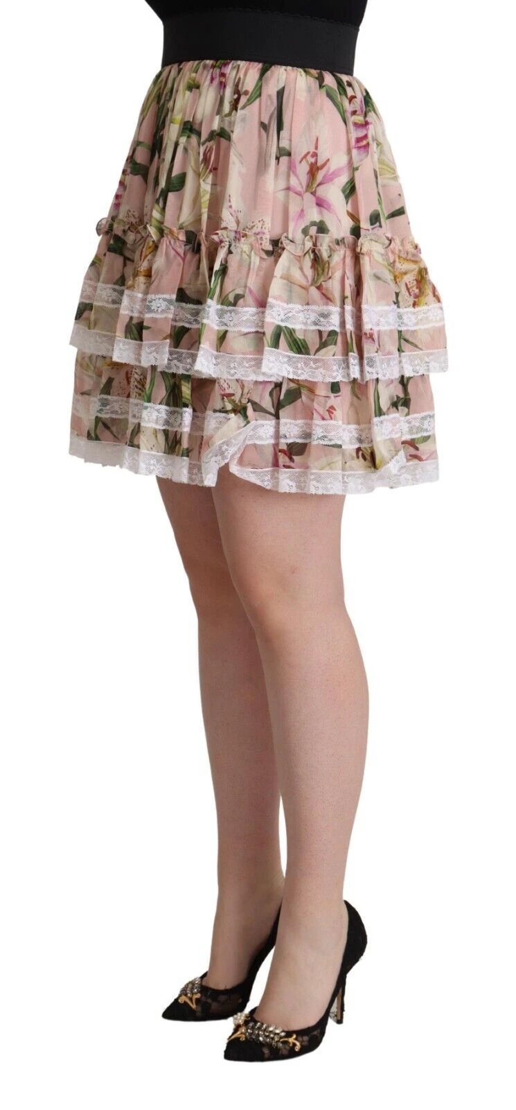 Dolce & Gabbana Pink Lily Print Silk Mini Tiered A-line Skirt by Dolce & Gabbana