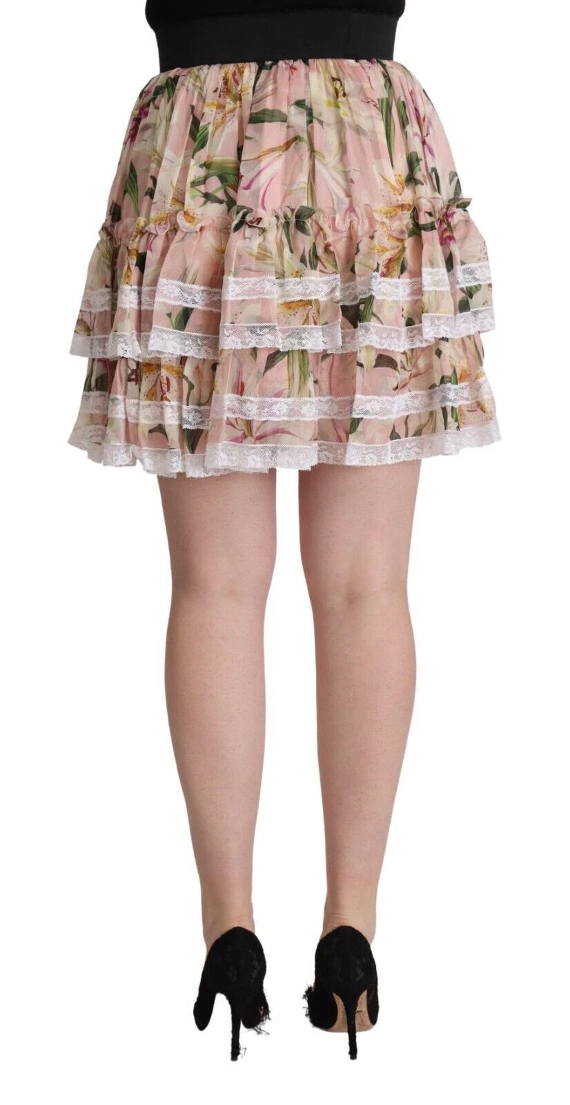 Dolce & Gabbana Pink Lily Print Silk Mini Tiered A-line Skirt by Dolce & Gabbana