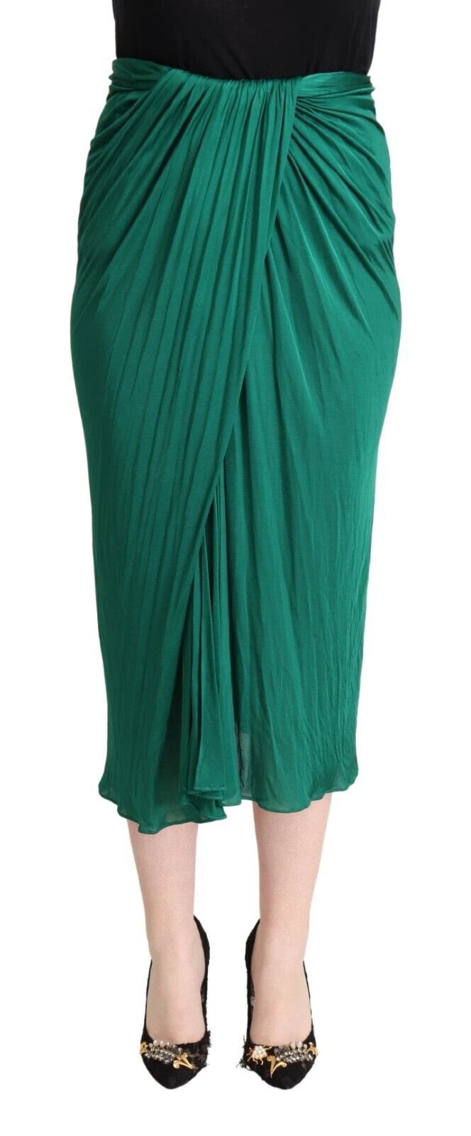 Dolce & Gabbana Dark Green High Waist Midi Pencil Cut Pleated Skirt by Dolce & Gabbana