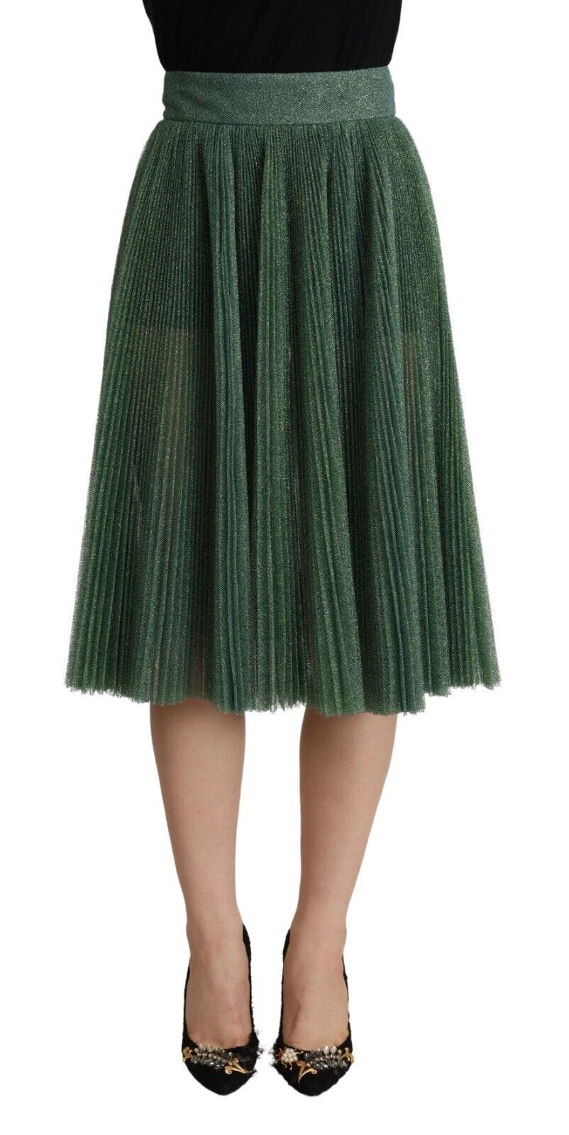 Dolce & Gabbana Metallic Green High Waist A-line Pleated Skirt by Dolce & Gabbana