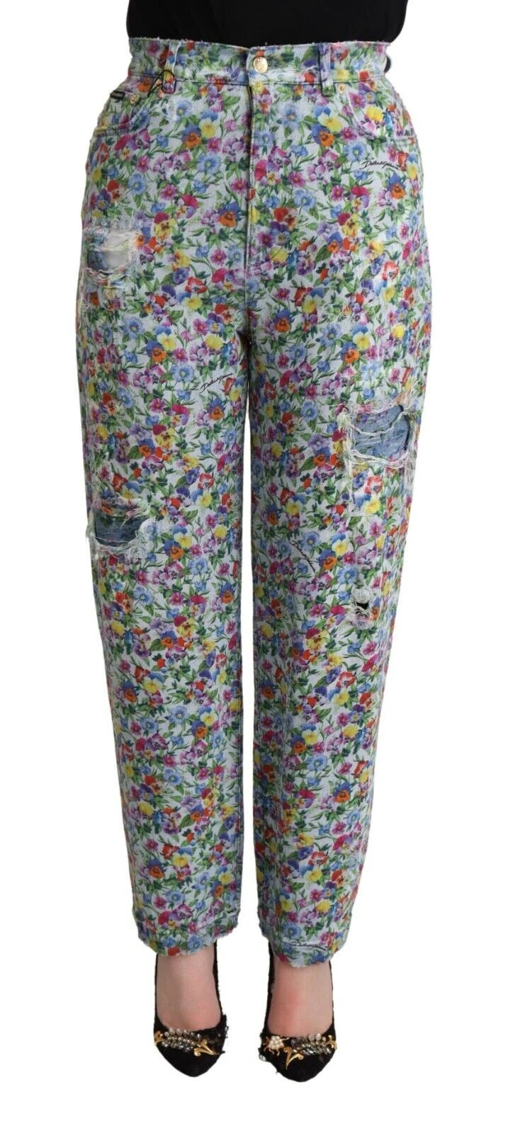 Dolce & Gabbana Blue Floral Print High Waist Denim Tapered Jeans by Dolce & Gabbana