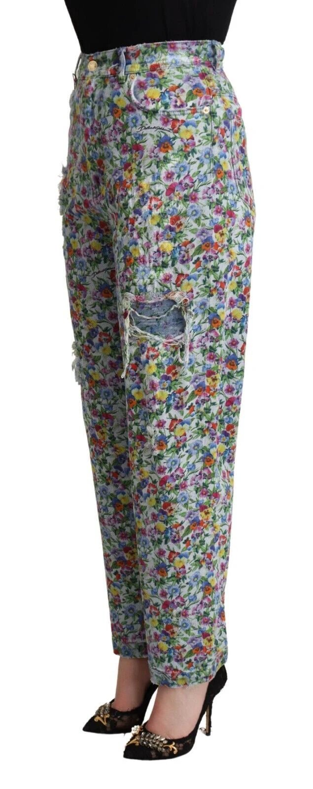Dolce & Gabbana Blue Floral Print High Waist Denim Tapered Jeans by Dolce & Gabbana