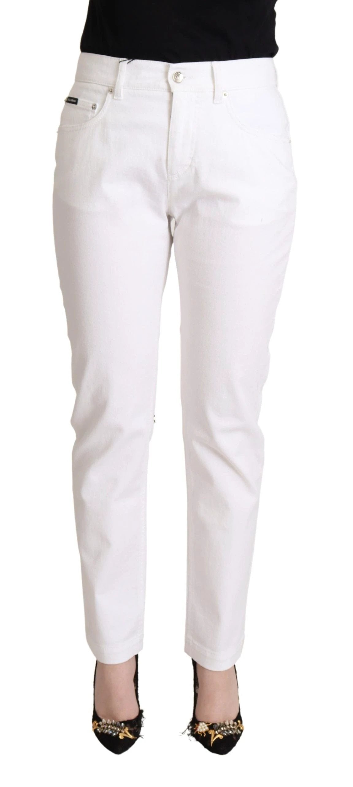 Dolce & Gabbana White Cotton Mid Waist Denim Tapered Jeans by Dolce & Gabbana