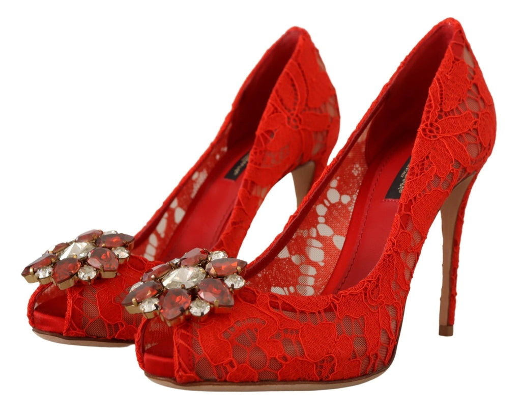 Dolce & Gabbana Red Taormina Lace Crystal Heels Pumps by Dolce & Gabbana
