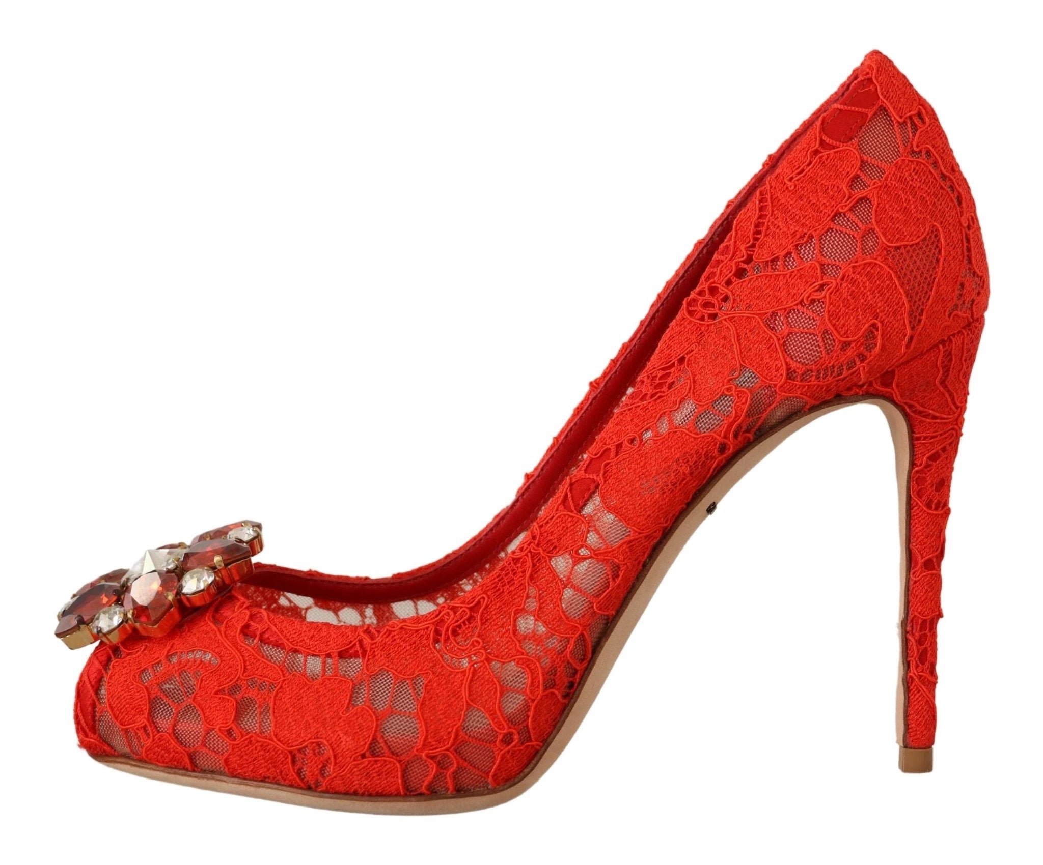 Dolce & Gabbana Red Taormina Lace Crystal Heels Pumps by Dolce & Gabbana