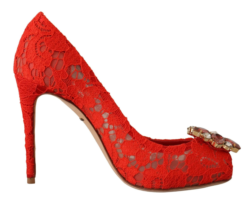 Dolce & Gabbana Red Taormina Lace Crystal Heels Pumps by Dolce & Gabbana