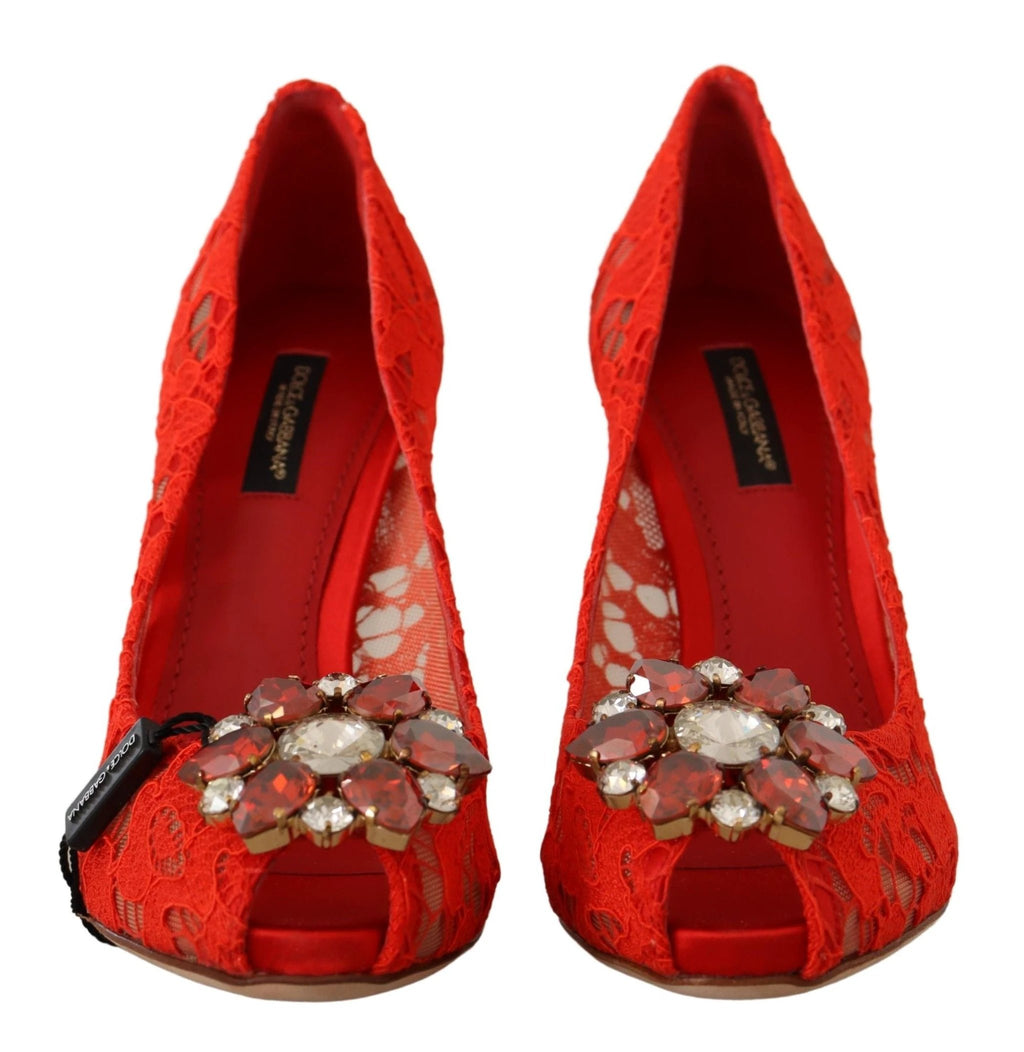 Dolce & Gabbana Red Taormina Lace Crystal Heels Pumps by Dolce & Gabbana