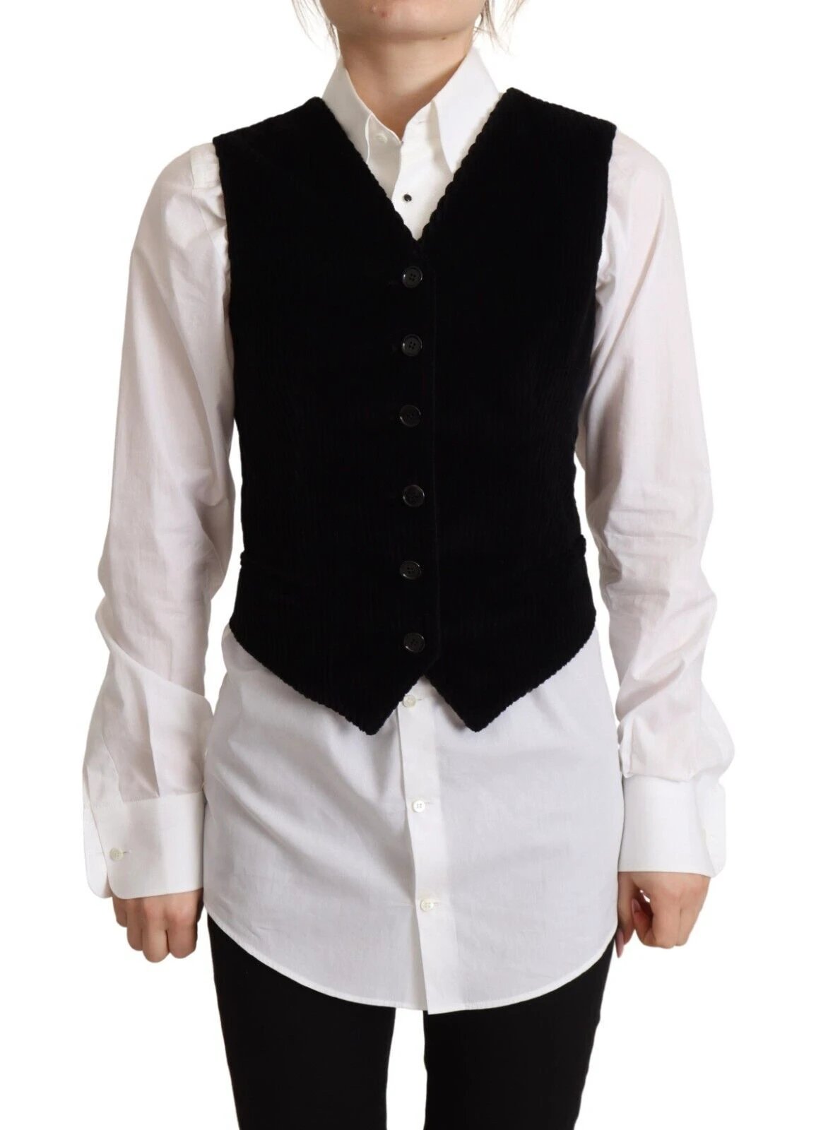 Dolce & Gabbana Black V-neck Leopard Corduroy Button Vest Top by Dolce & Gabbana