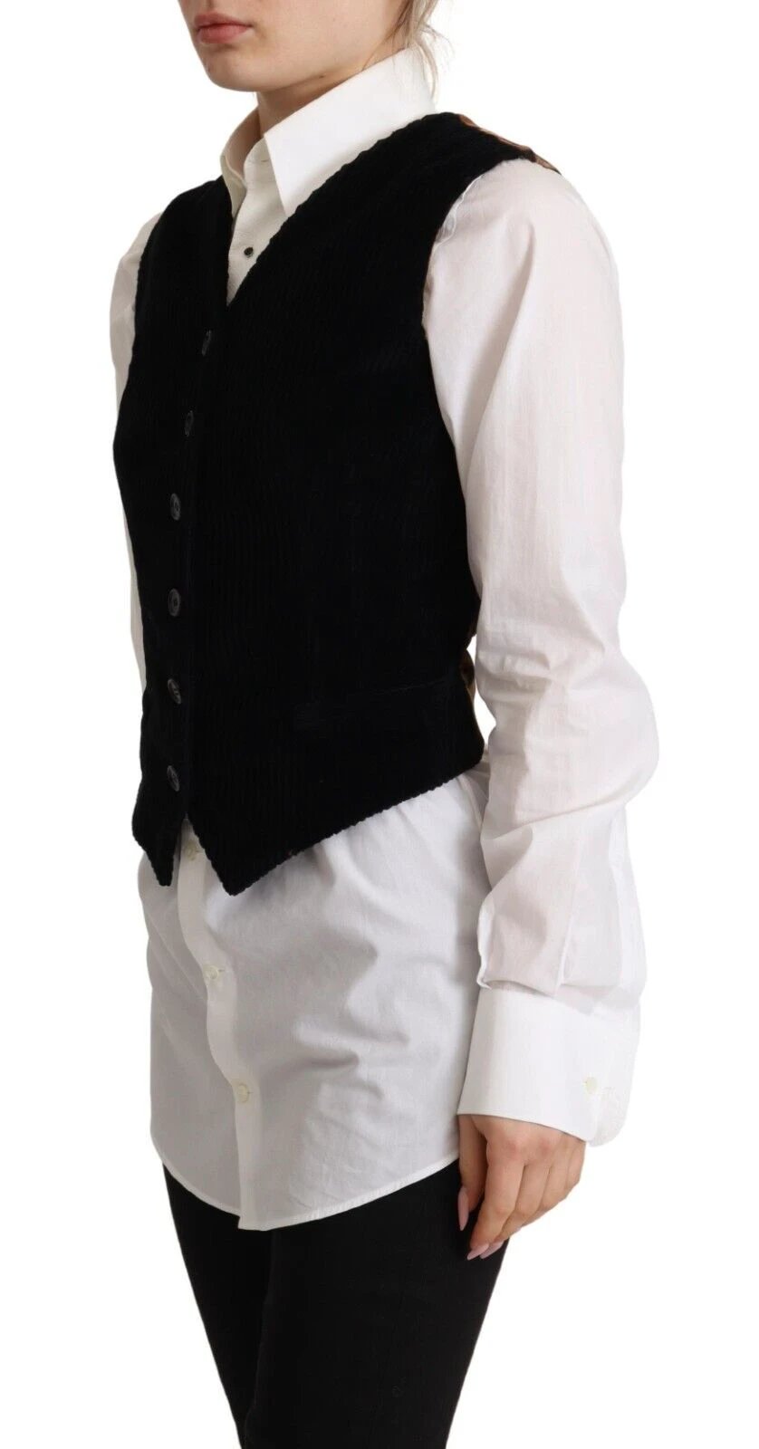 Dolce & Gabbana Black V-neck Leopard Corduroy Button Vest Top by Dolce & Gabbana