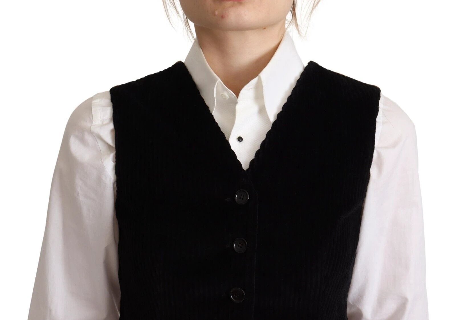 Dolce & Gabbana Black V-neck Leopard Corduroy Button Vest Top by Dolce & Gabbana