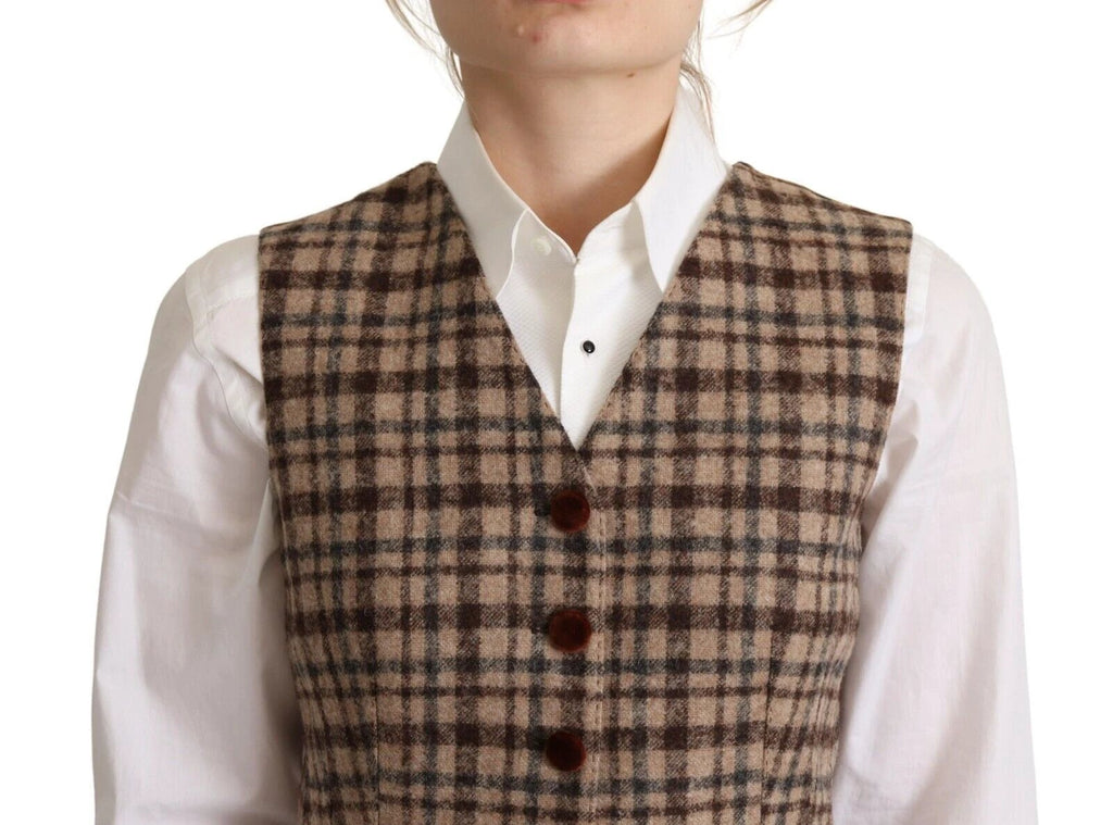 Dolce & Gabbana Brown Checkered Leopard V-neck Sleeveless Vest Top by Dolce & Gabbana