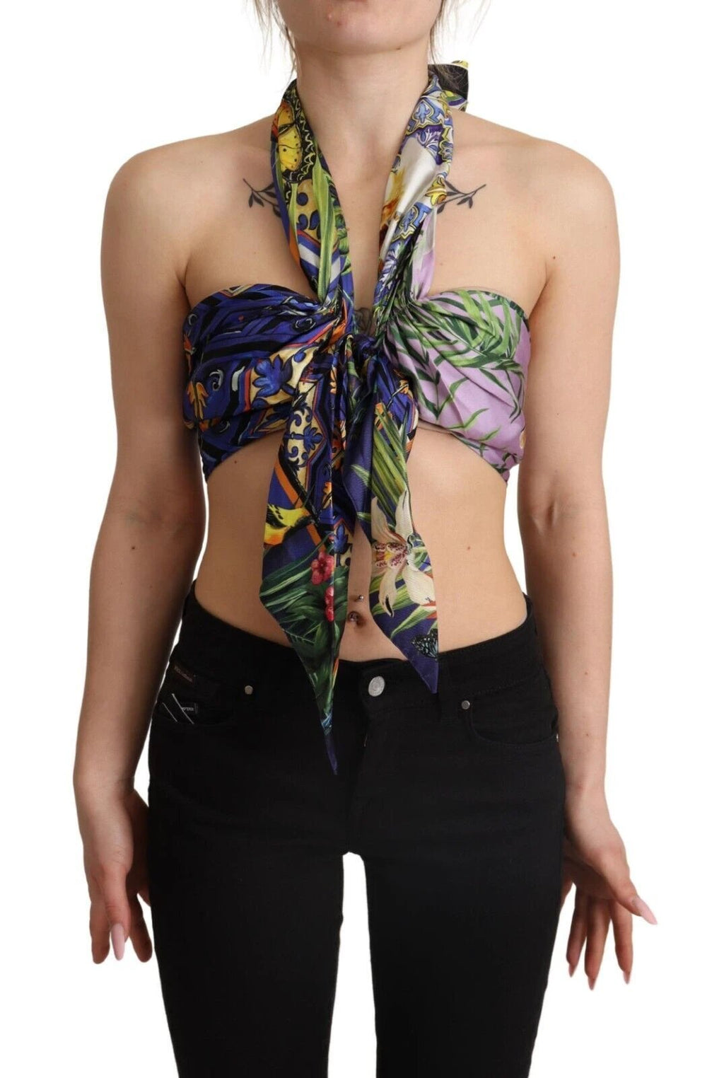 Dolce & Gabbana Multicolor Foulard Silk Halter Cropped Top by Dolce & Gabbana