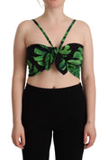 Dolce & Gabbana Black Green Leaf Silk Halter Cropped Top by Dolce & Gabbana