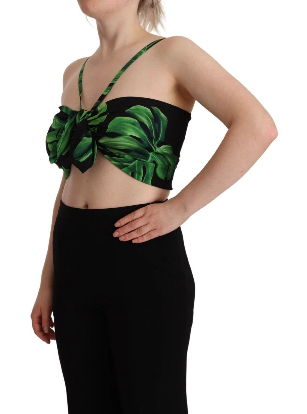 Dolce & Gabbana Black Green Leaf Silk Halter Cropped Top by Dolce & Gabbana