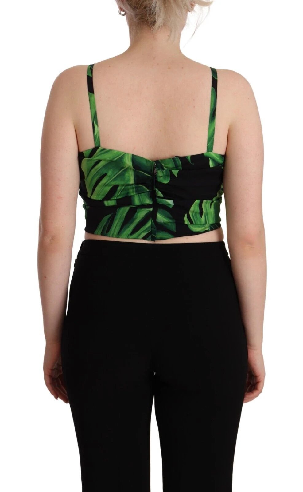 Dolce & Gabbana Black Green Leaf Silk Halter Cropped Top by Dolce & Gabbana