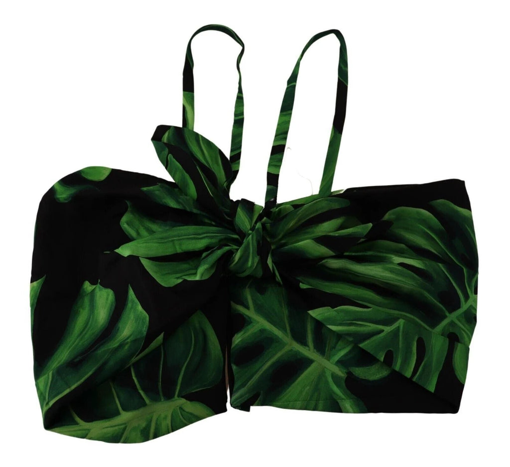 Dolce & Gabbana Black Green Leaf Silk Halter Cropped Top by Dolce & Gabbana