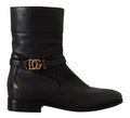 Dolce & Gabbana Black Leather Flats Logo Short Boots Shoes by Dolce & Gabbana