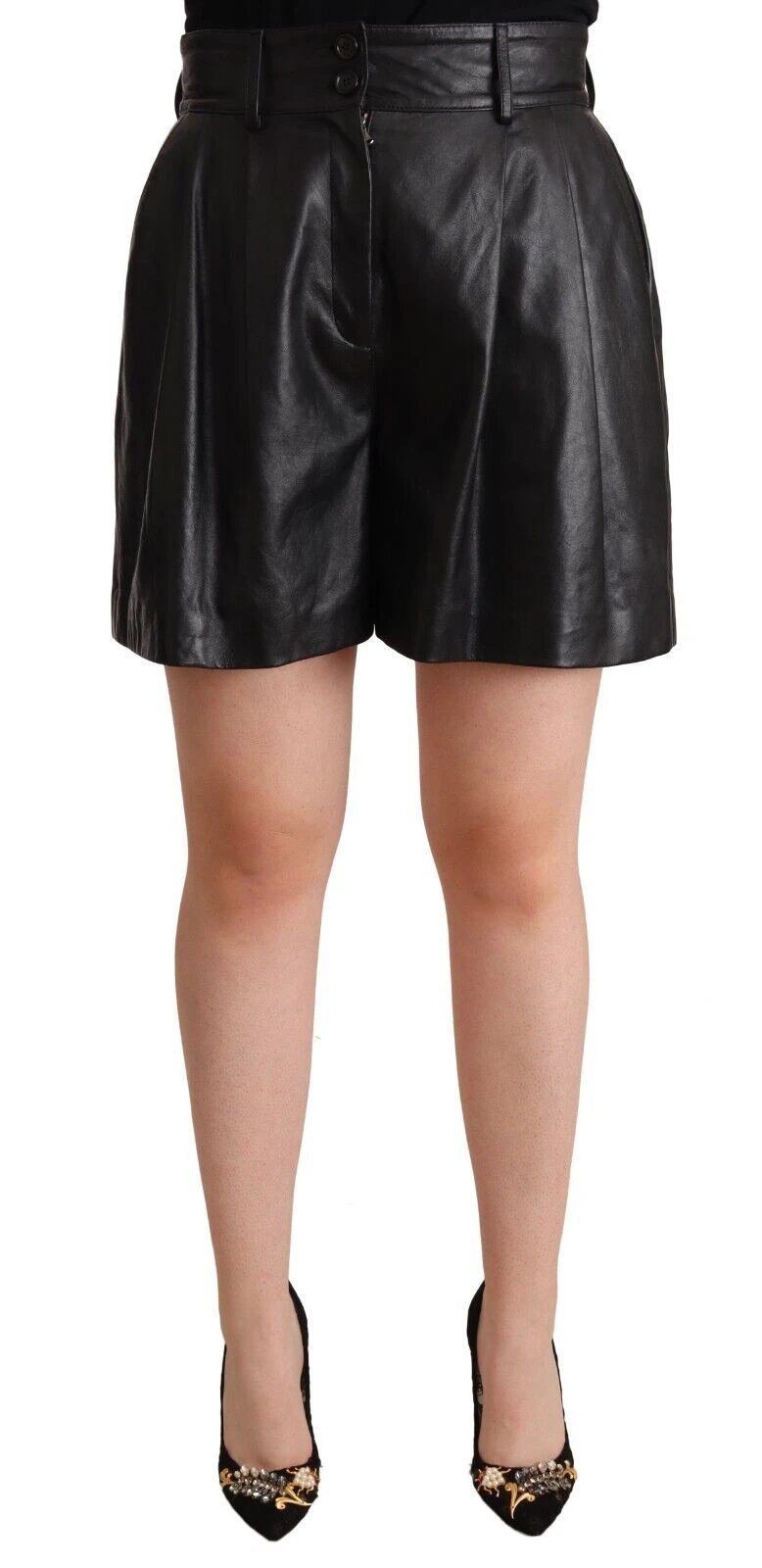 Dolce & Gabbana Black Leather High Waist Bermuda Above Knee Shorts by Dolce & Gabbana