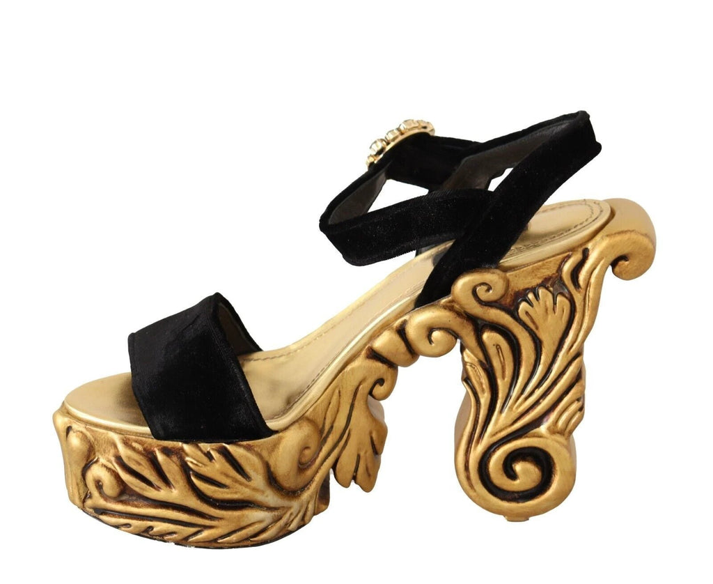 Dolce & Gabbana Black Gold Baroque Velvet Heels Crystal Shoes by Dolce & Gabbana