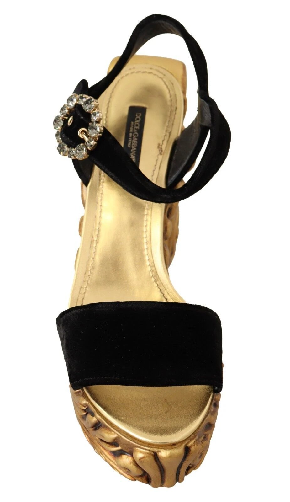 Dolce & Gabbana Black Gold Baroque Velvet Heels Crystal Shoes by Dolce & Gabbana