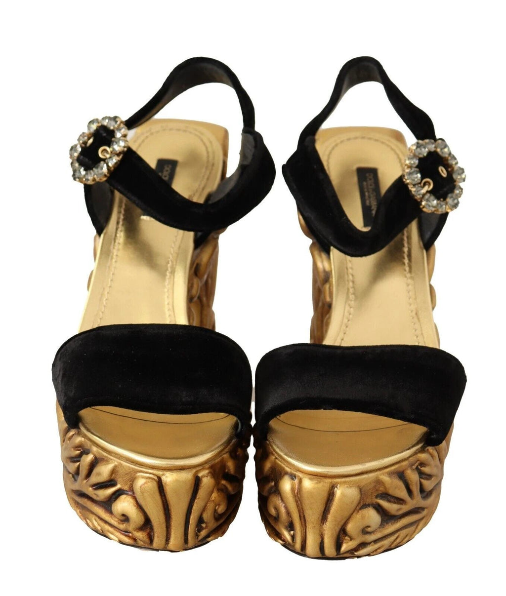 Dolce & Gabbana Black Gold Baroque Velvet Heels Crystal Shoes by Dolce & Gabbana