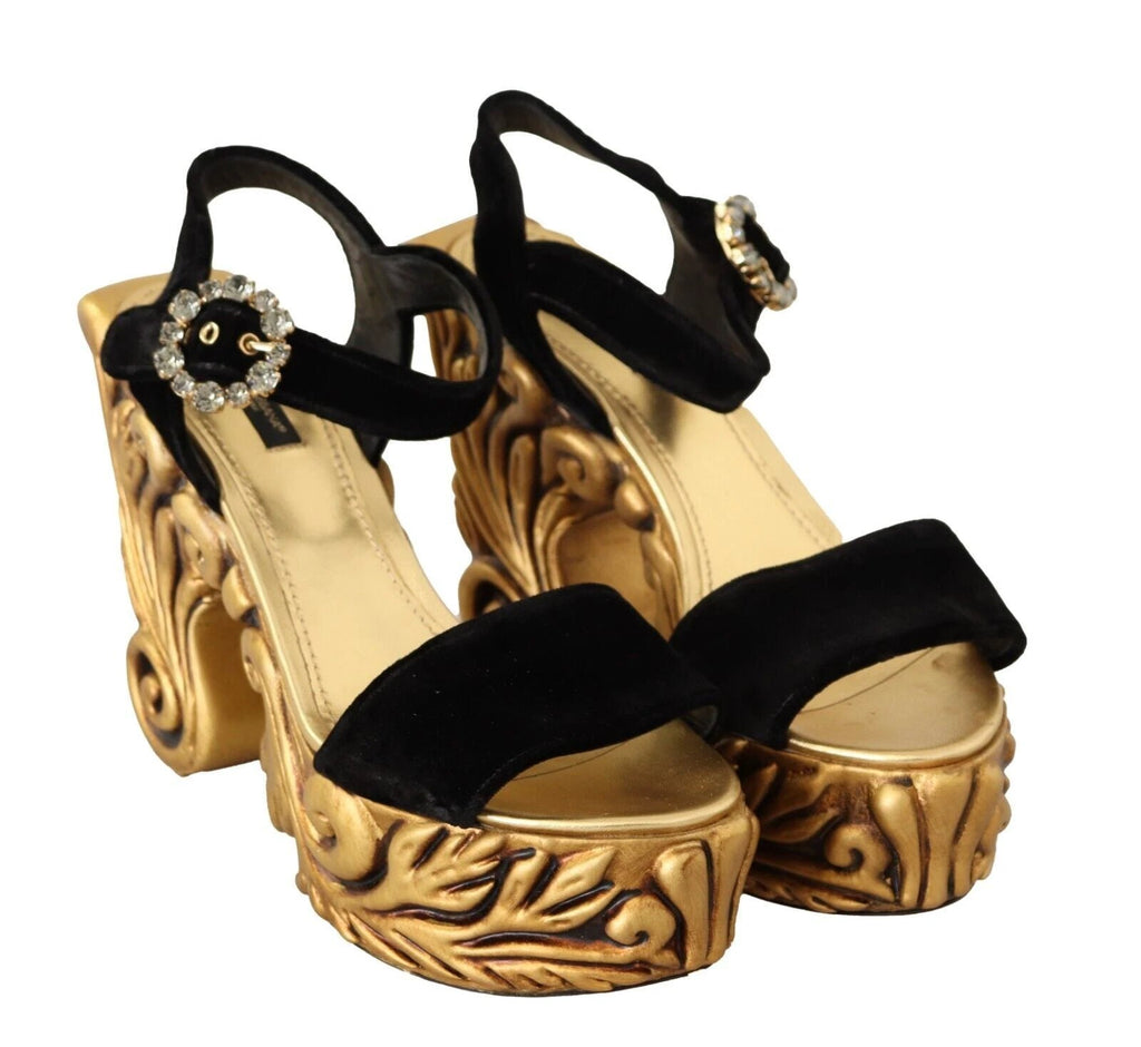 Dolce & Gabbana Black Gold Baroque Velvet Heels Crystal Shoes by Dolce & Gabbana